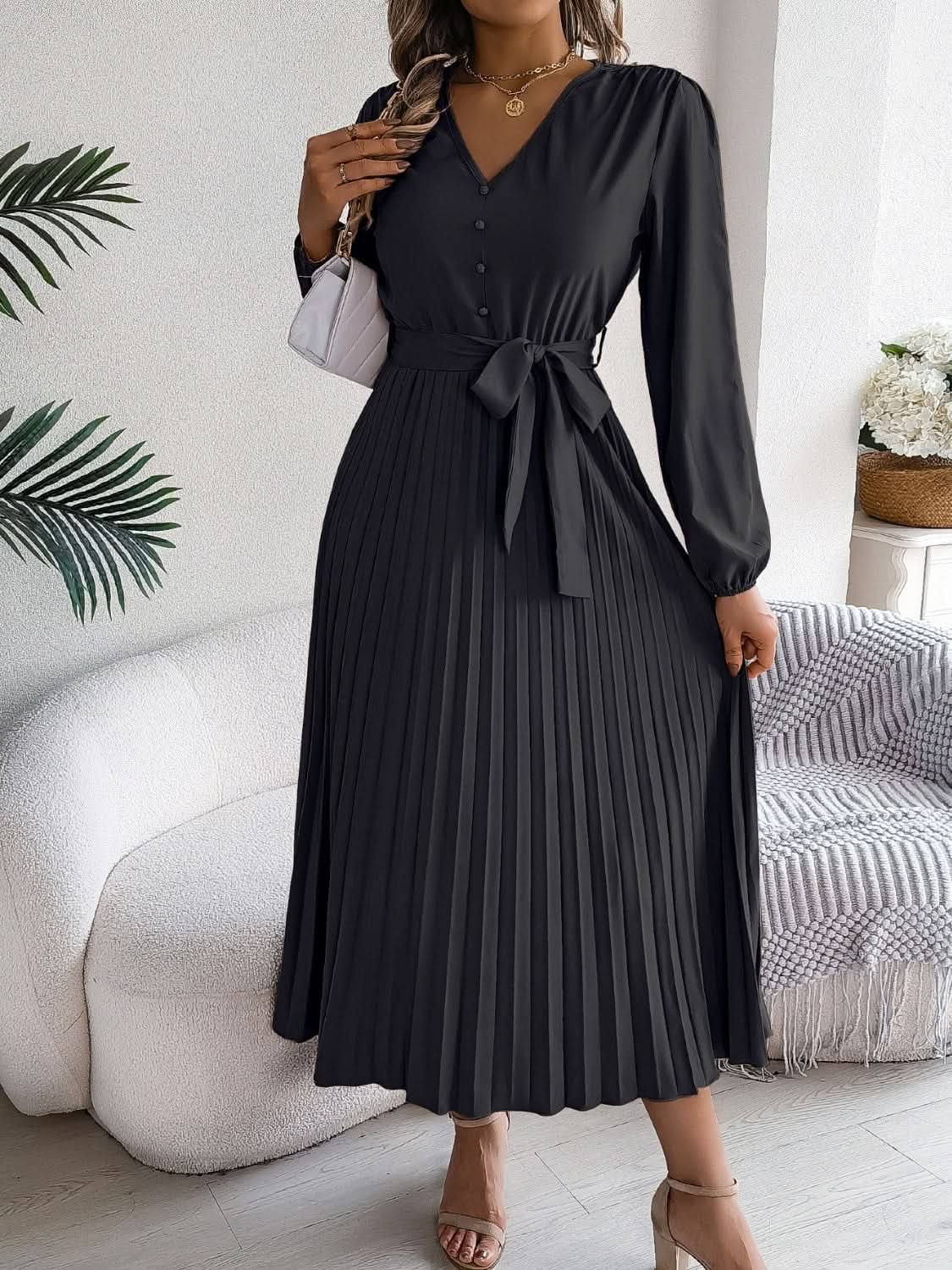 Elegant V-Neck Long Sleeve Dress with Sheer Tied Design - Love Salve 