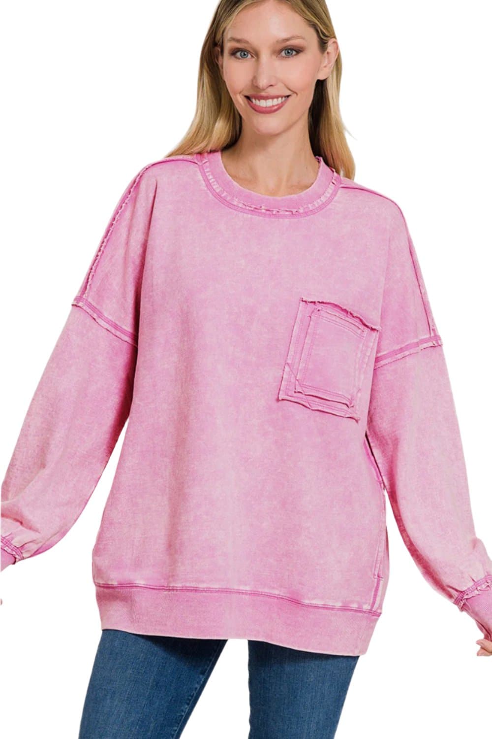 Zenana Exposed Seam Round Neck Dropped Shoulder Sweatshirt.