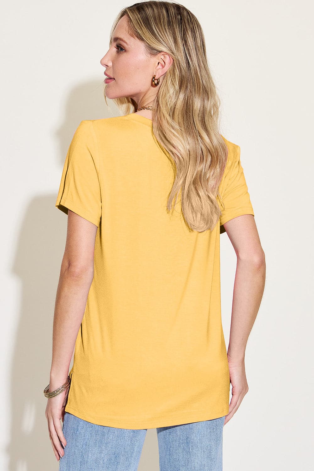 Basic Bae Bamboo Full Size V-Neck High-Low T-Shirt.