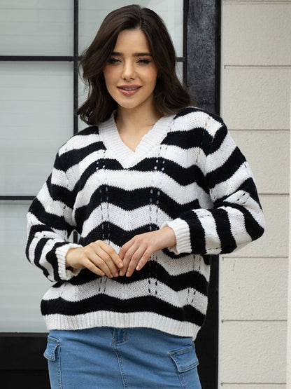 Openwork Striped V-Neck Sweater.