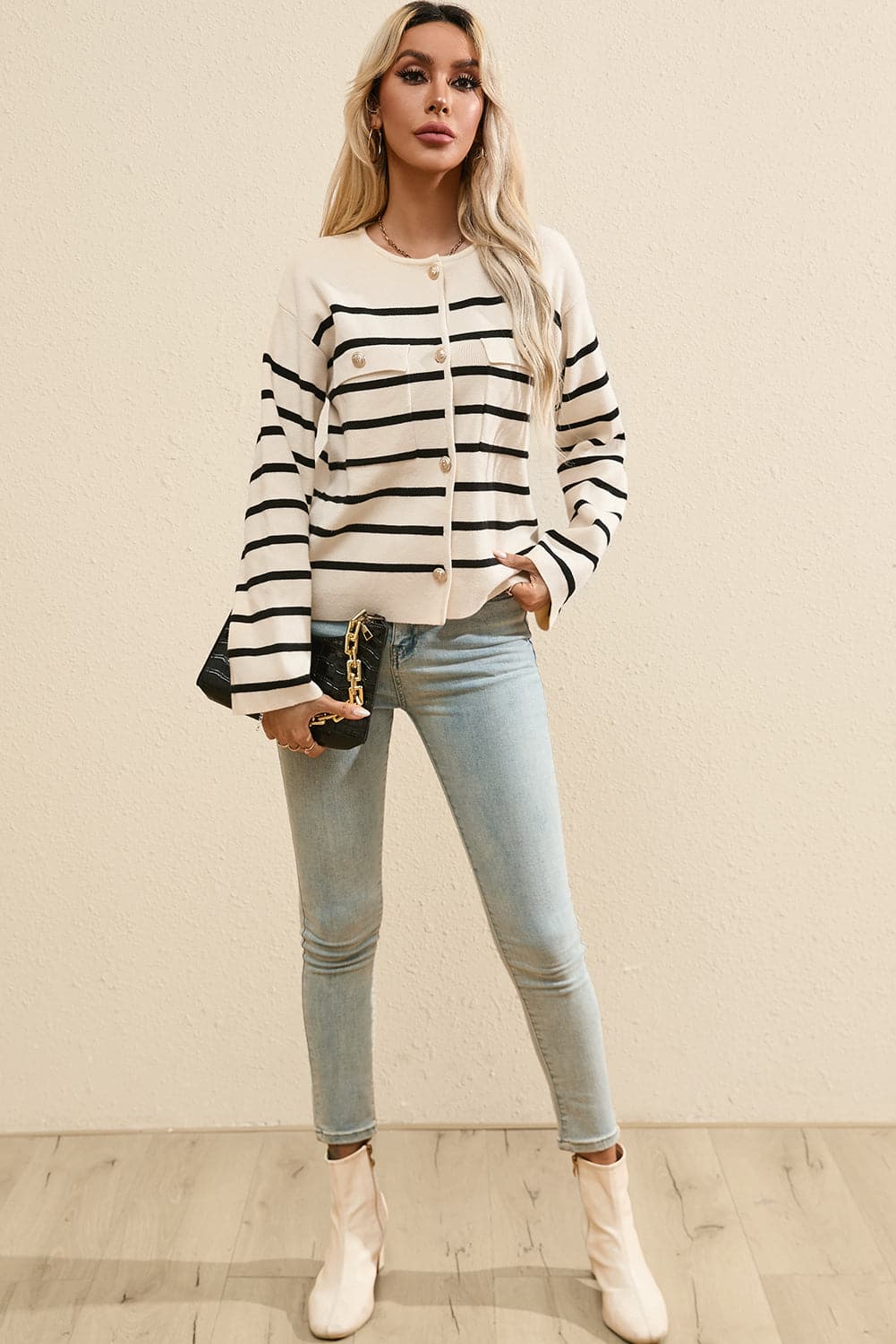 Striped Button Up Round Neck Cardigan.