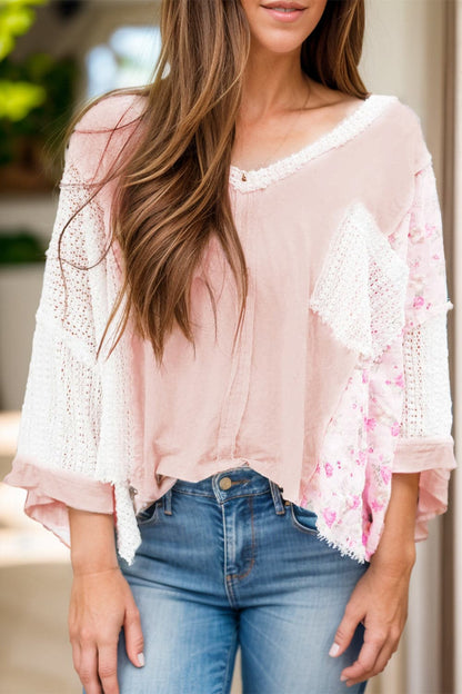 Lace V-Neck Blouse with 3/4 Sleeves