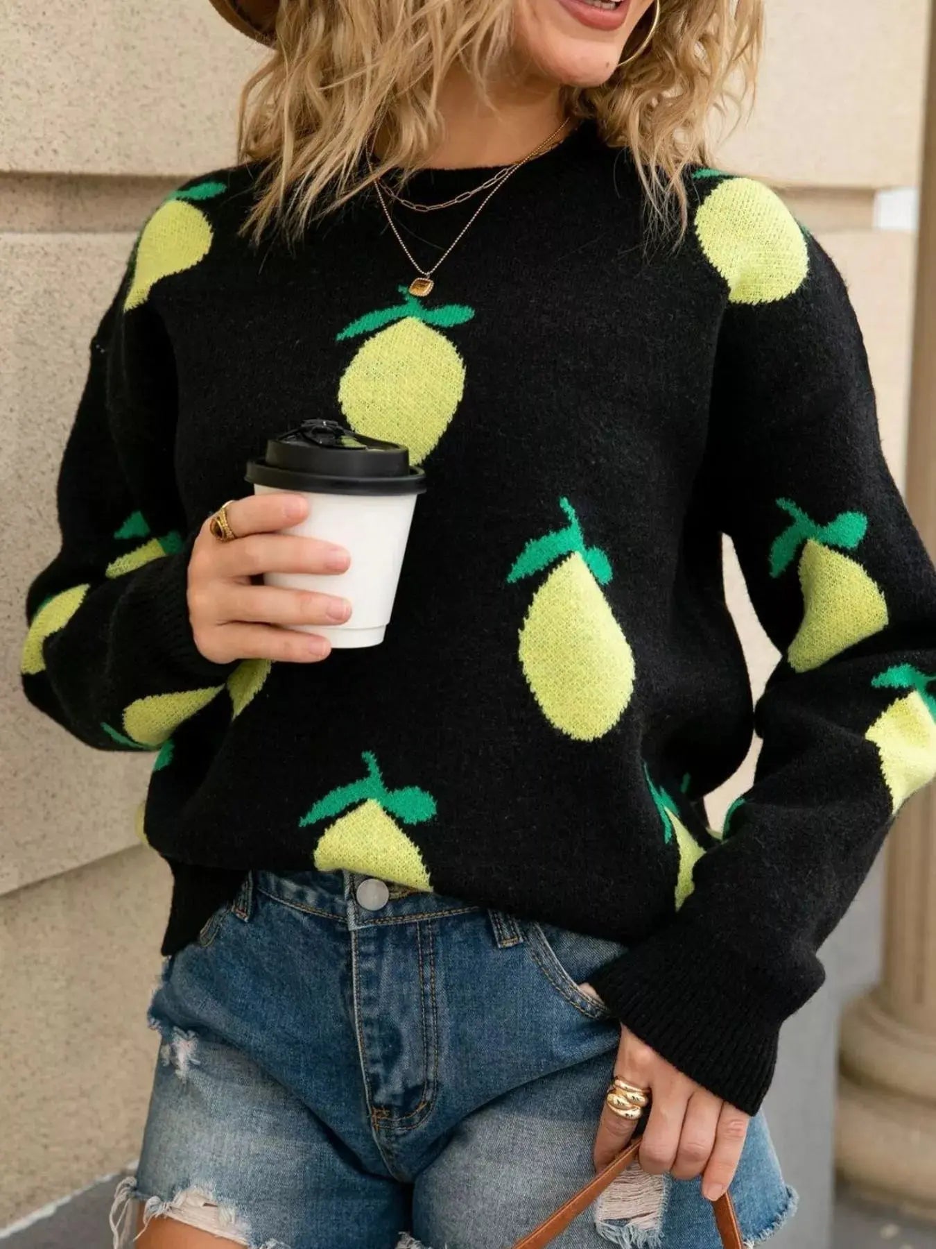Lemon Crew Neck Round Neck Sweater Simply Love