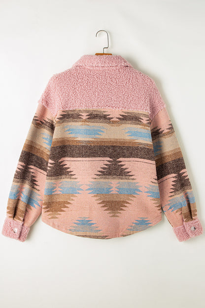 Cozy pink Aztec print sherpa coat with flap pockets