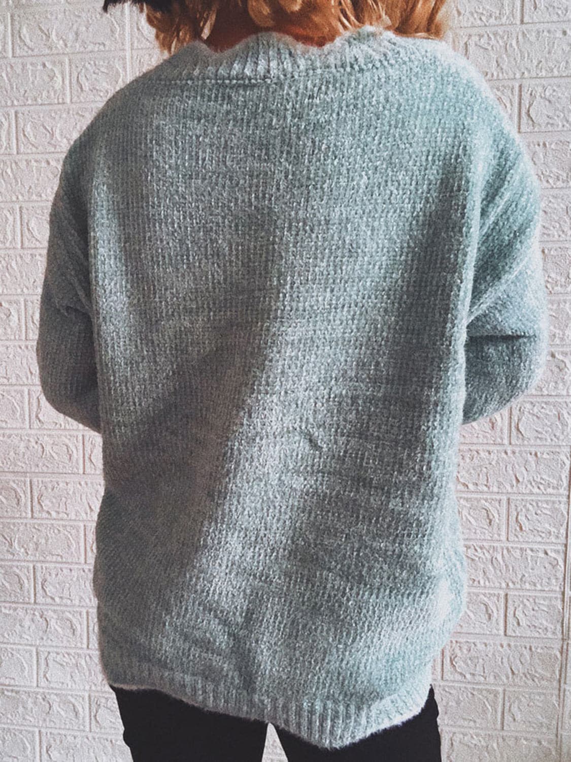 Notched Dropped Shoulder Long Sleeve Sweater.