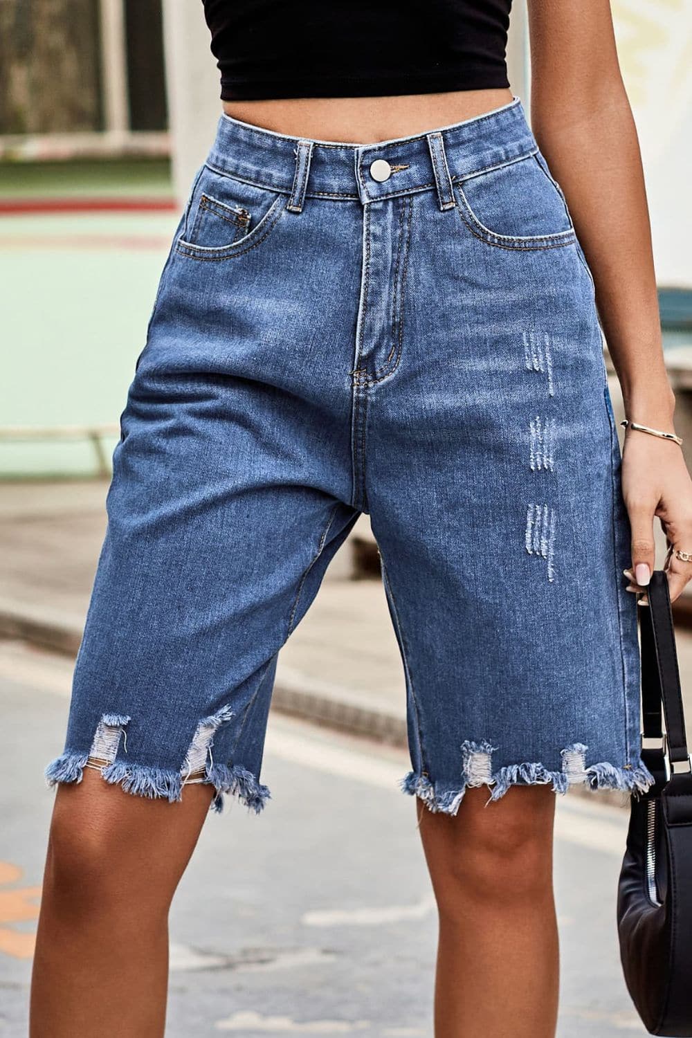 Raw Hem High Waist Denim Shorts with Pockets.