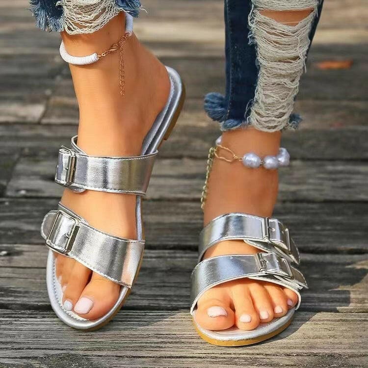 Open Toe Double Buckle Sandals.