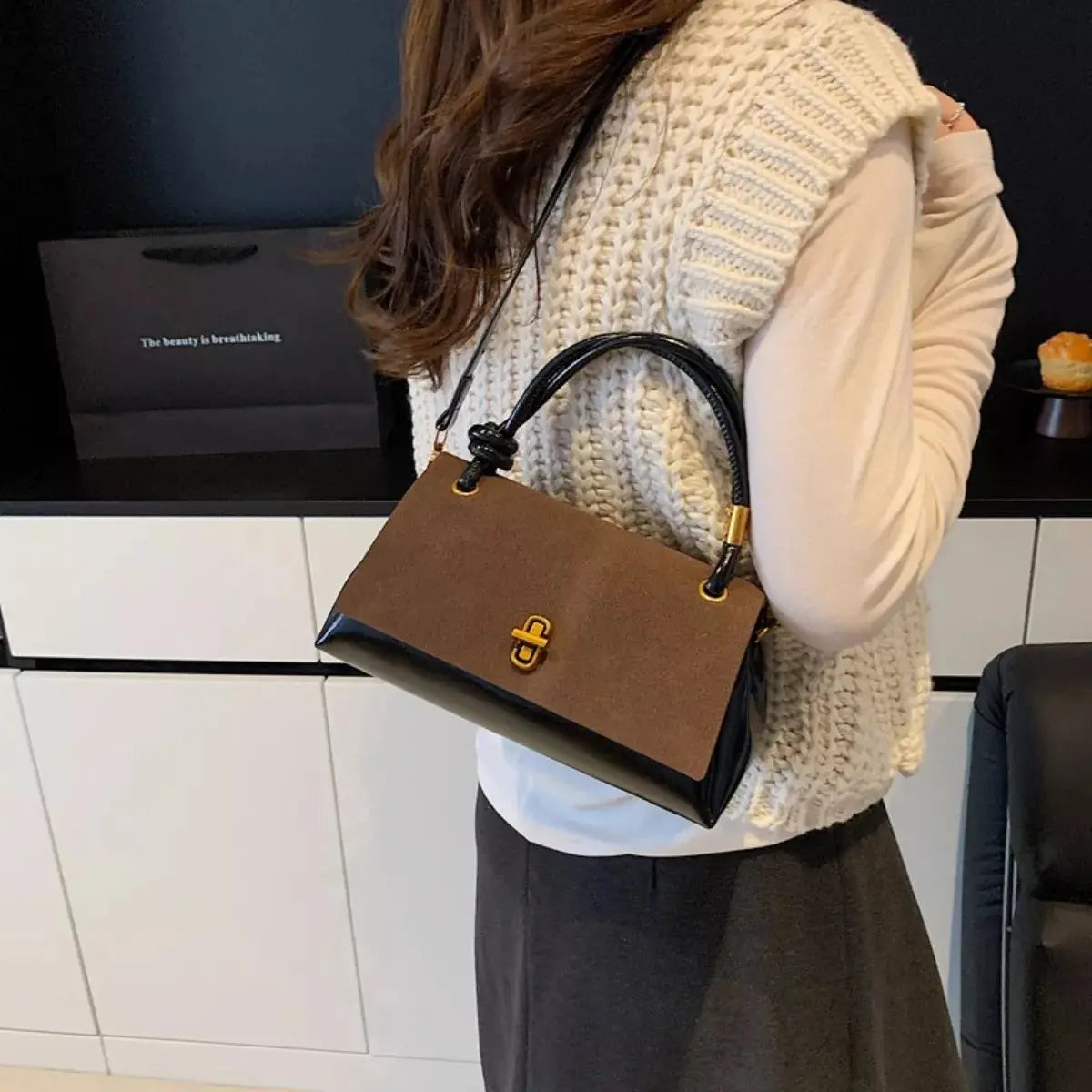 Flap Crossbody Bag With Top Handle Small PU Leather Gold Hardware Simply Love