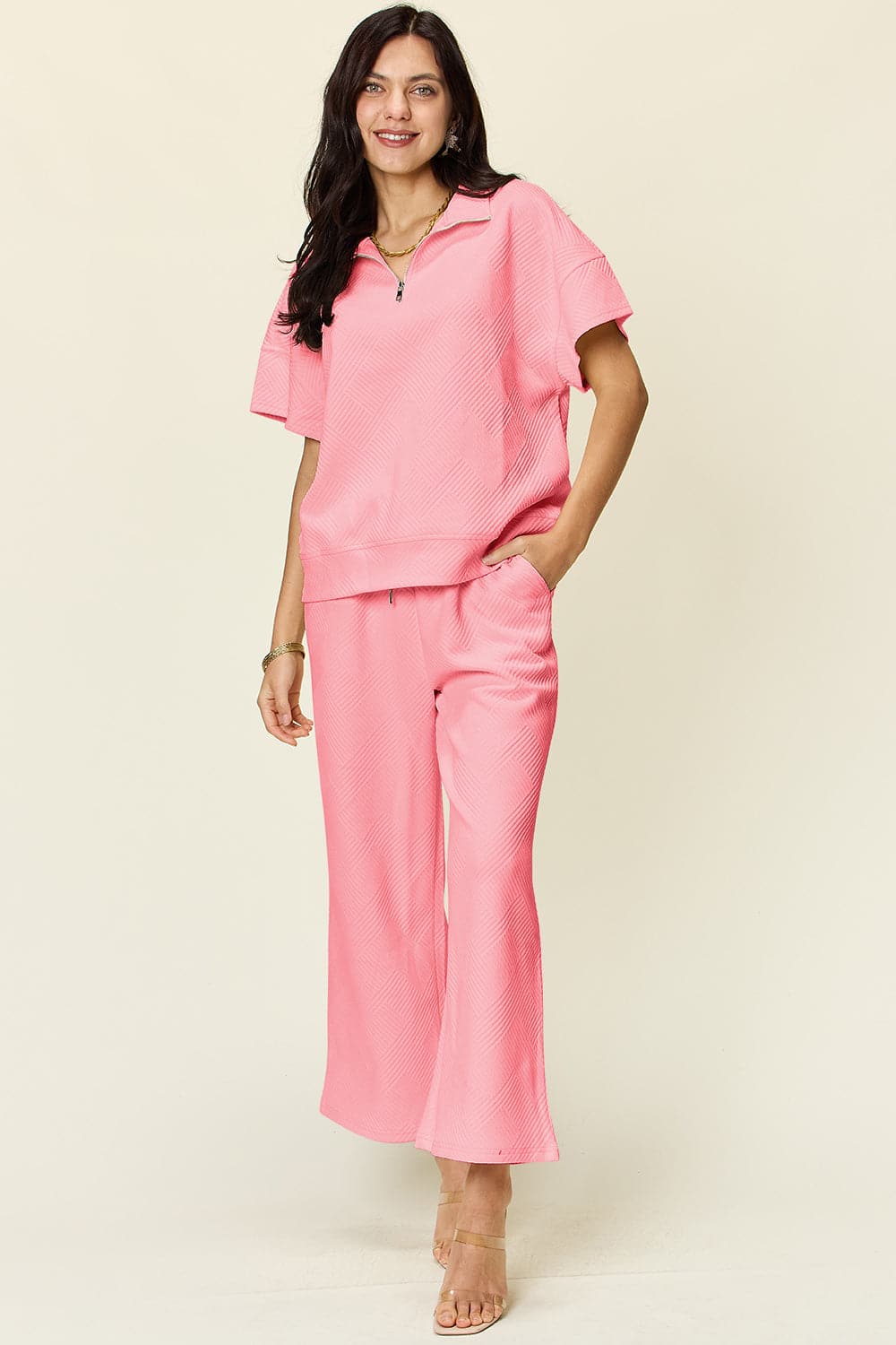 Double Take Full Size Texture Half Zip Short Sleeve Top and Pants Set.