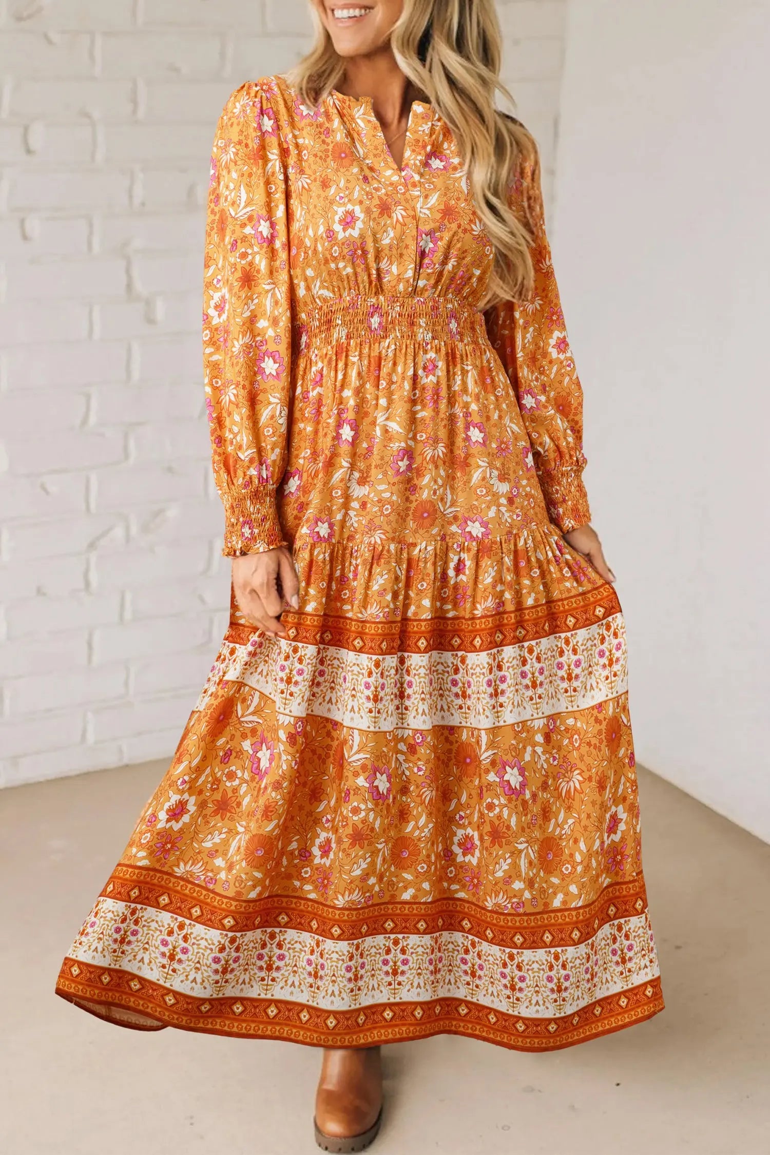 Orange Floral Print Smocked Waist Long Sleeve Boho Maxi Dress Dear-Lover Dropshipping