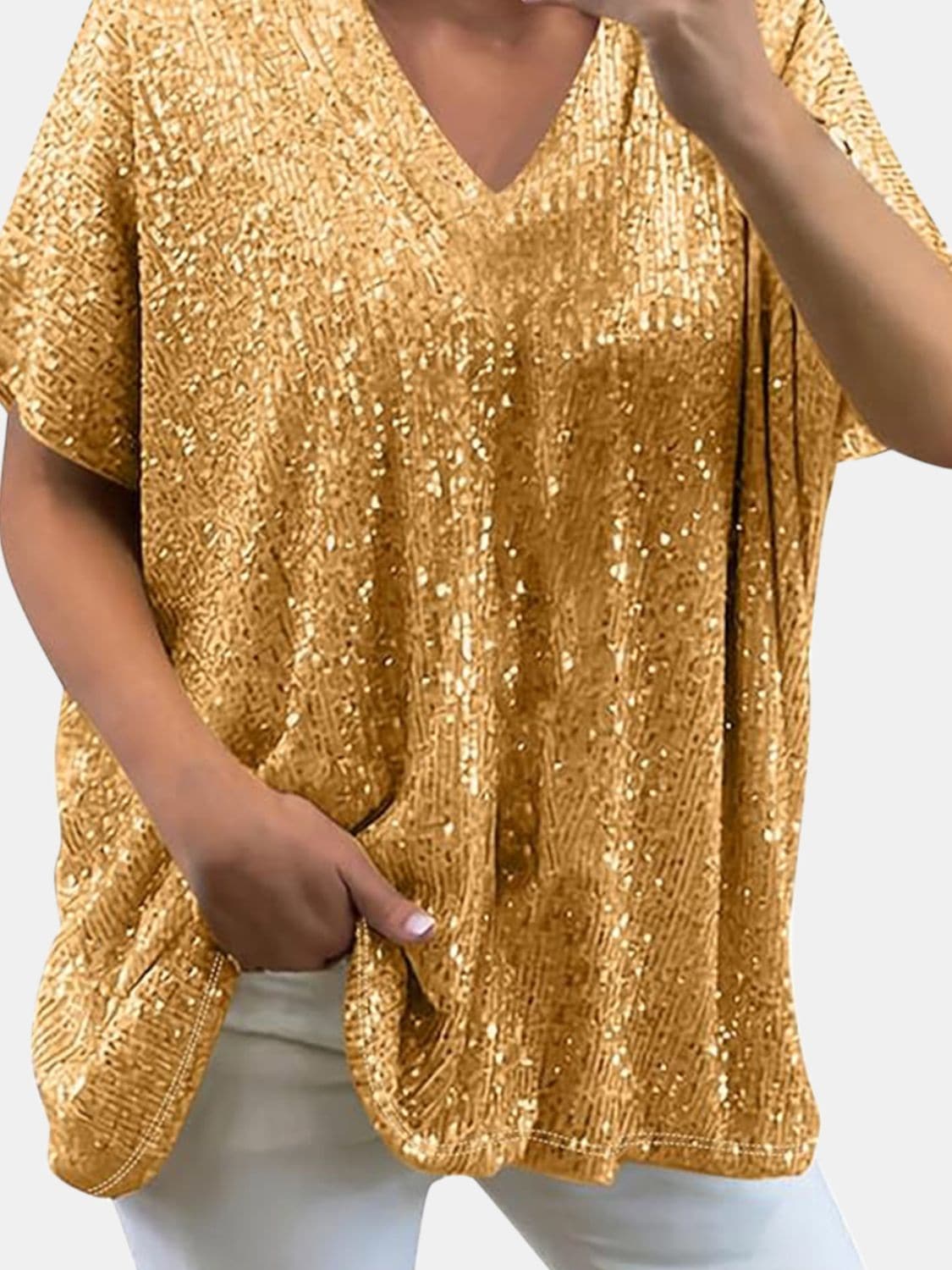 Full Size Sequin V-Neck Short Sleeve Top.