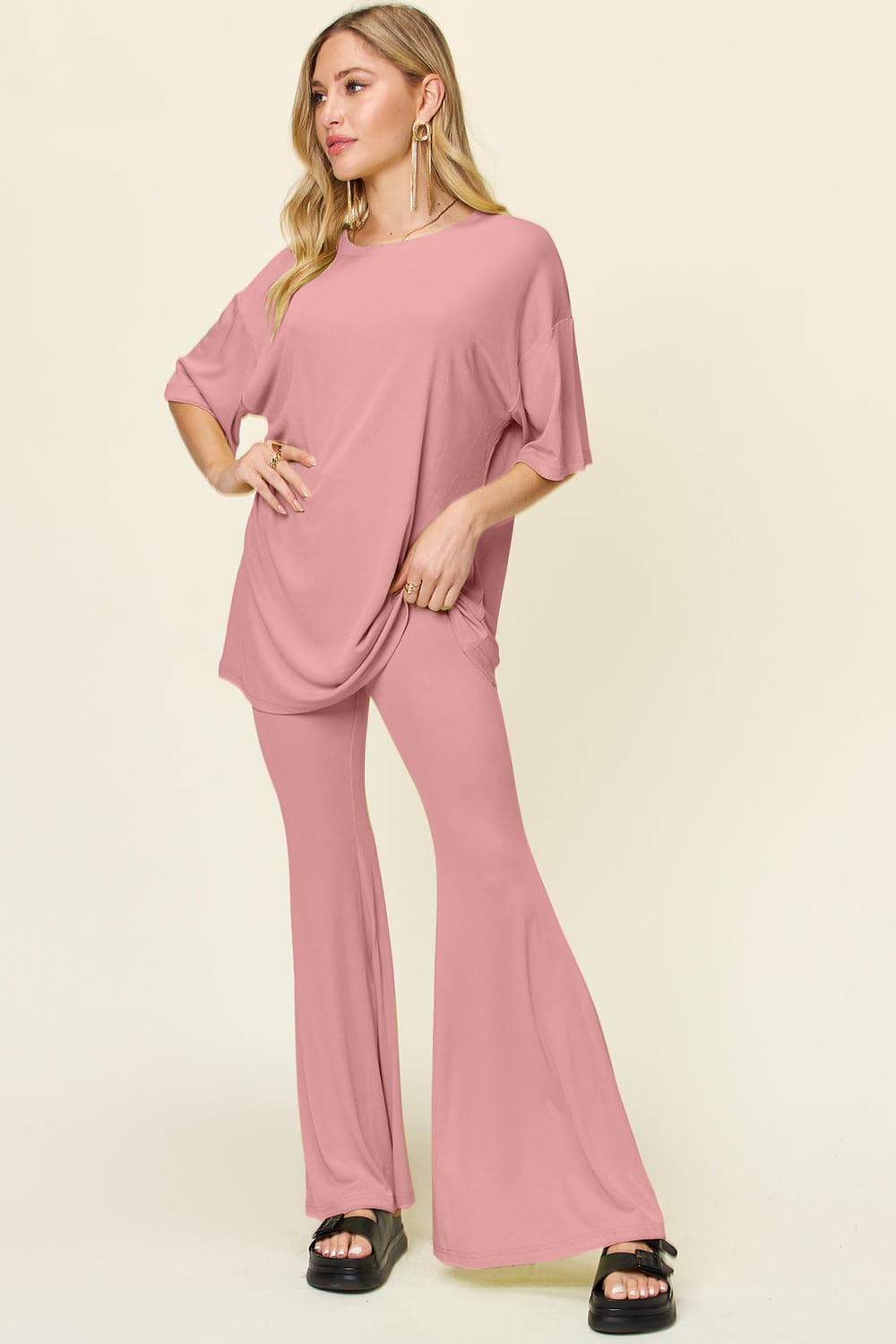 Double Take Full Size Round Neck Drop Shoulder T-Shirt and Flare Pants Set.