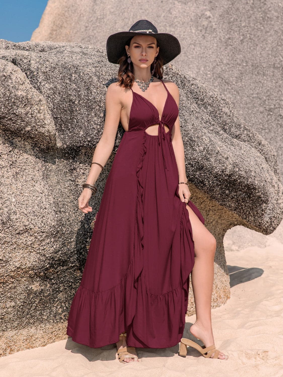 Crisscross Back Drawstring Ruffle Trim Maxi Dress.