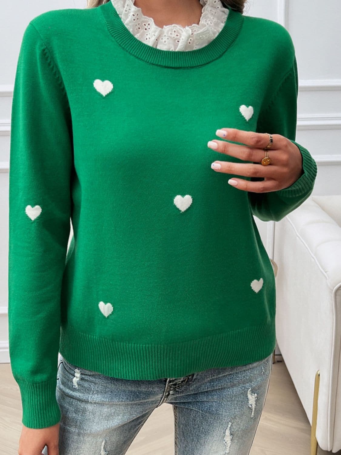 Lace Detail Heart Long Sleeve Sweater.