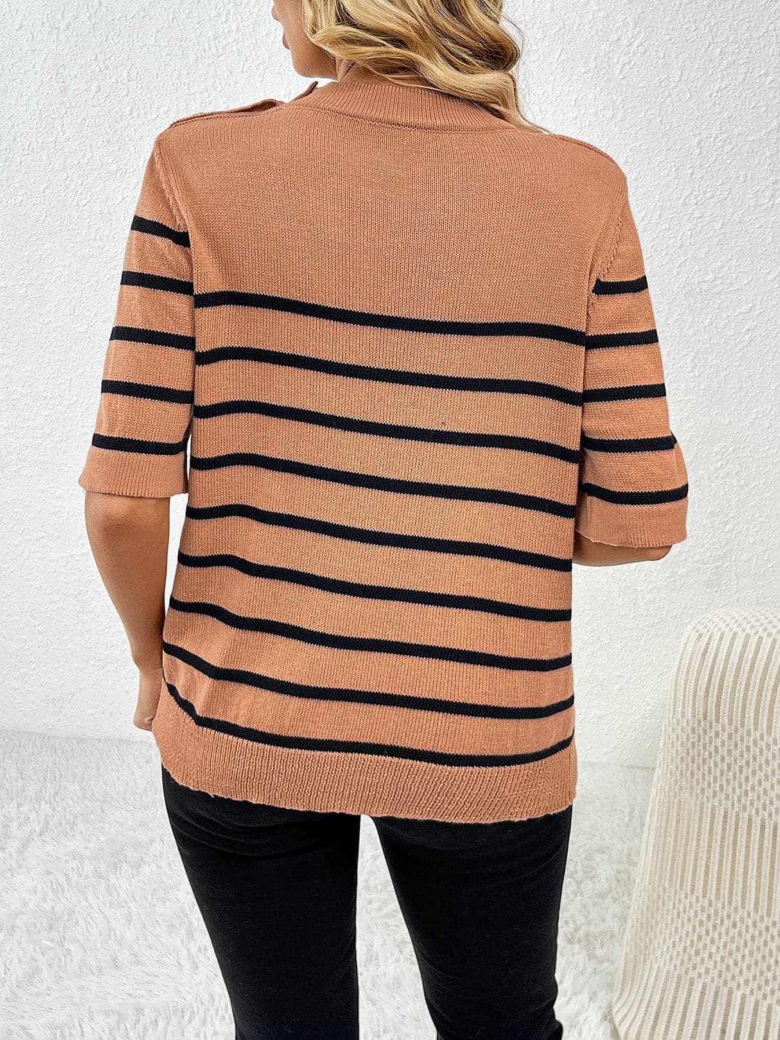 Striped Round Neck Half Sleeve Knit Top.