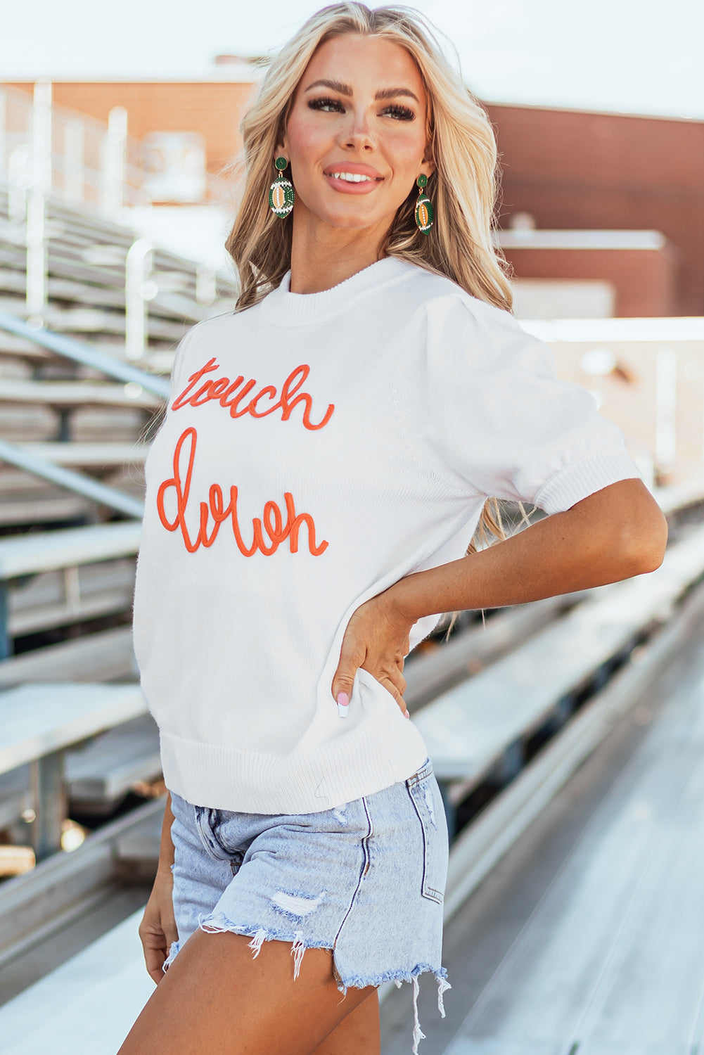 Chic White Puff Sleeve Sweater with Touchdown Tinsel Design