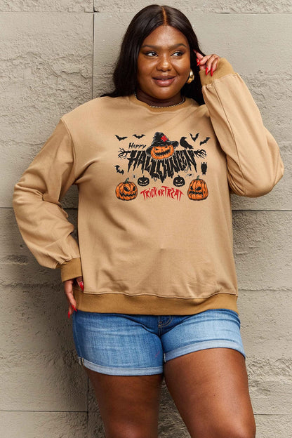 Simply Love Full Size HAPPY HALLOWEEN TRICK OR TREAT Graphic Sweatshirt.