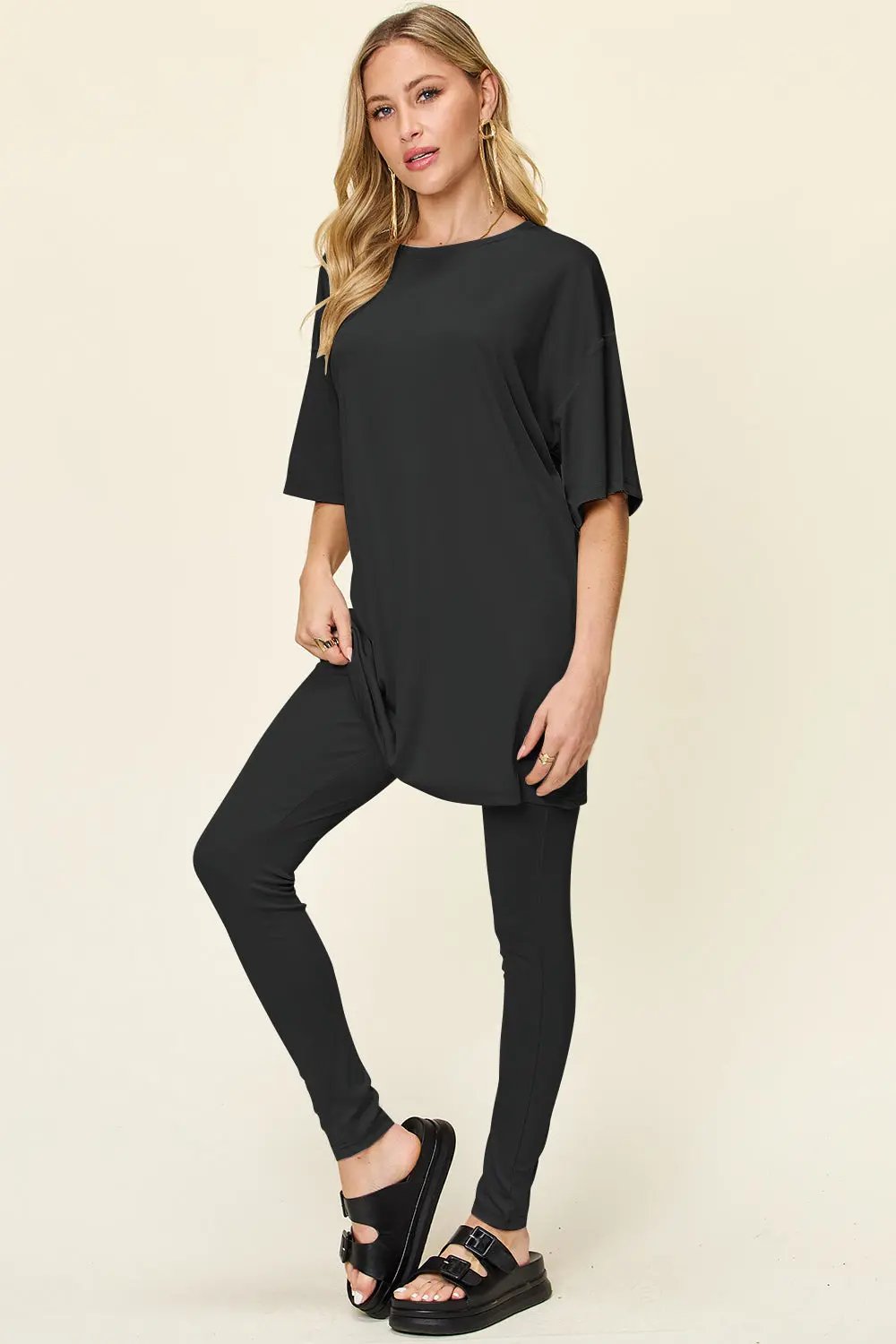 Double Take Full Size Round Neck Dropped Shoulder T-Shirt and Leggings Set - Love Salve