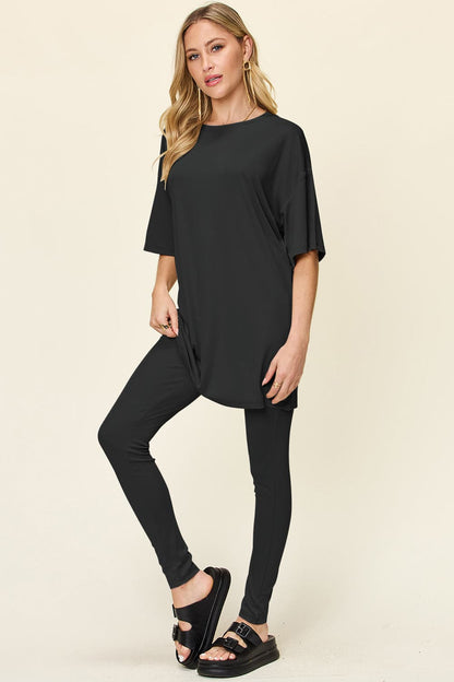 Double Take Full Size Round Neck Dropped Shoulder T-Shirt and Leggings Set.