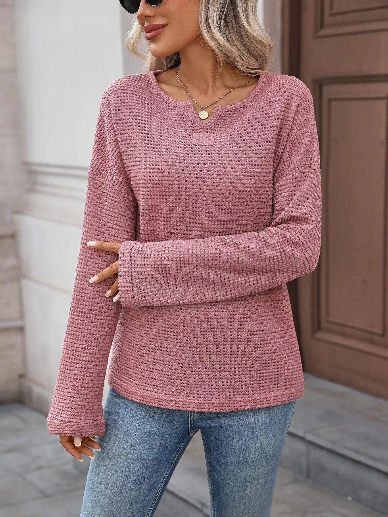 Striped Notched Long Sleeve T-Shirt Simply Love
