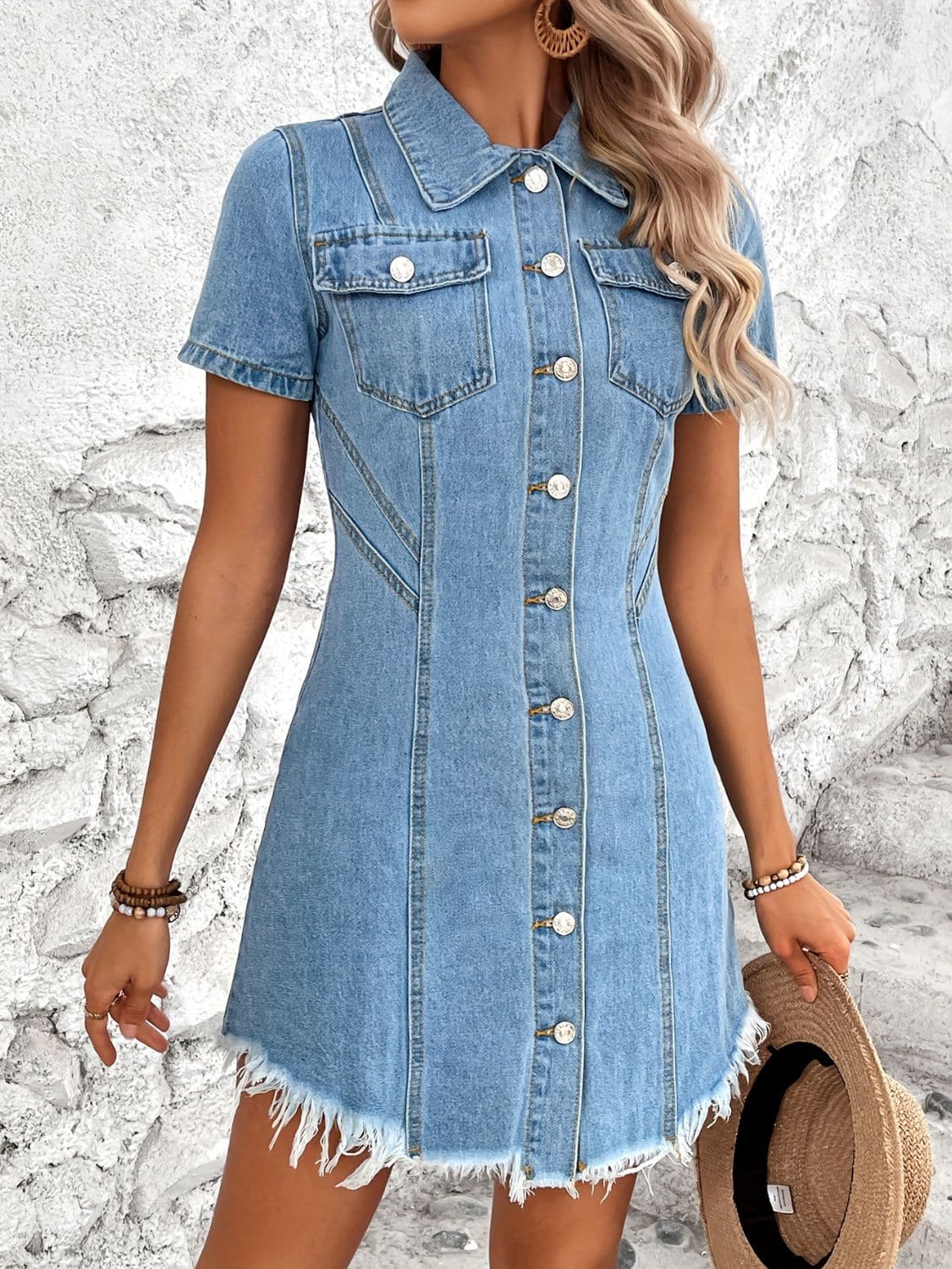 Raw Hem Button Up Short Sleeve Denim Dress.