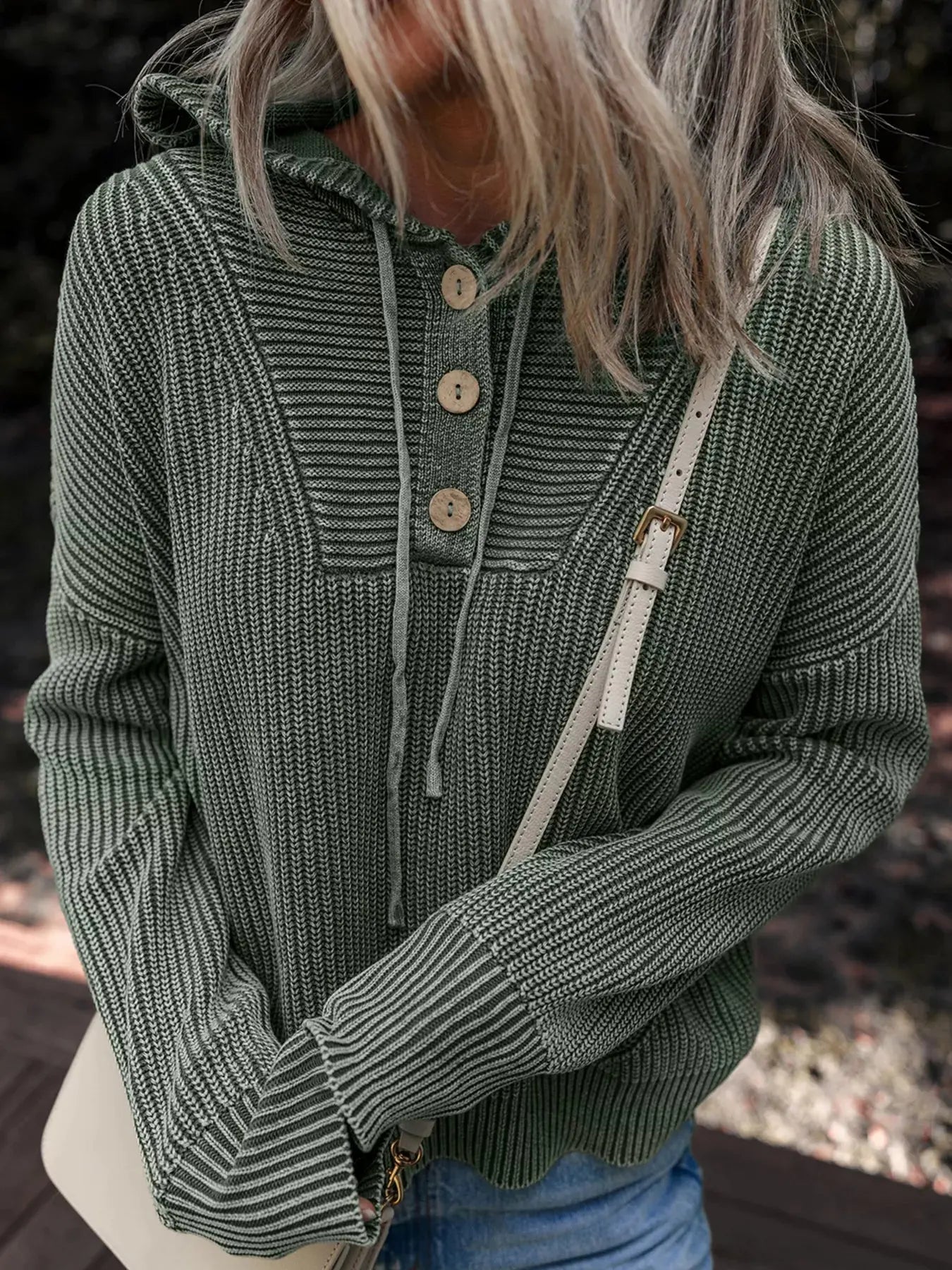 Mineral Wash Ribbed Knit Button Drawstring Neck Hooded Sweater Simply Love