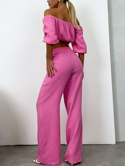 Off Shoulder Long Sleeve Top and Pants Set.