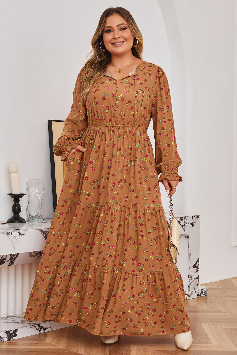 Brown Plus Size Floral Split V Neck Ruffled Sleeve Tiered Maxi Dress Dear-Lover Dropshipping