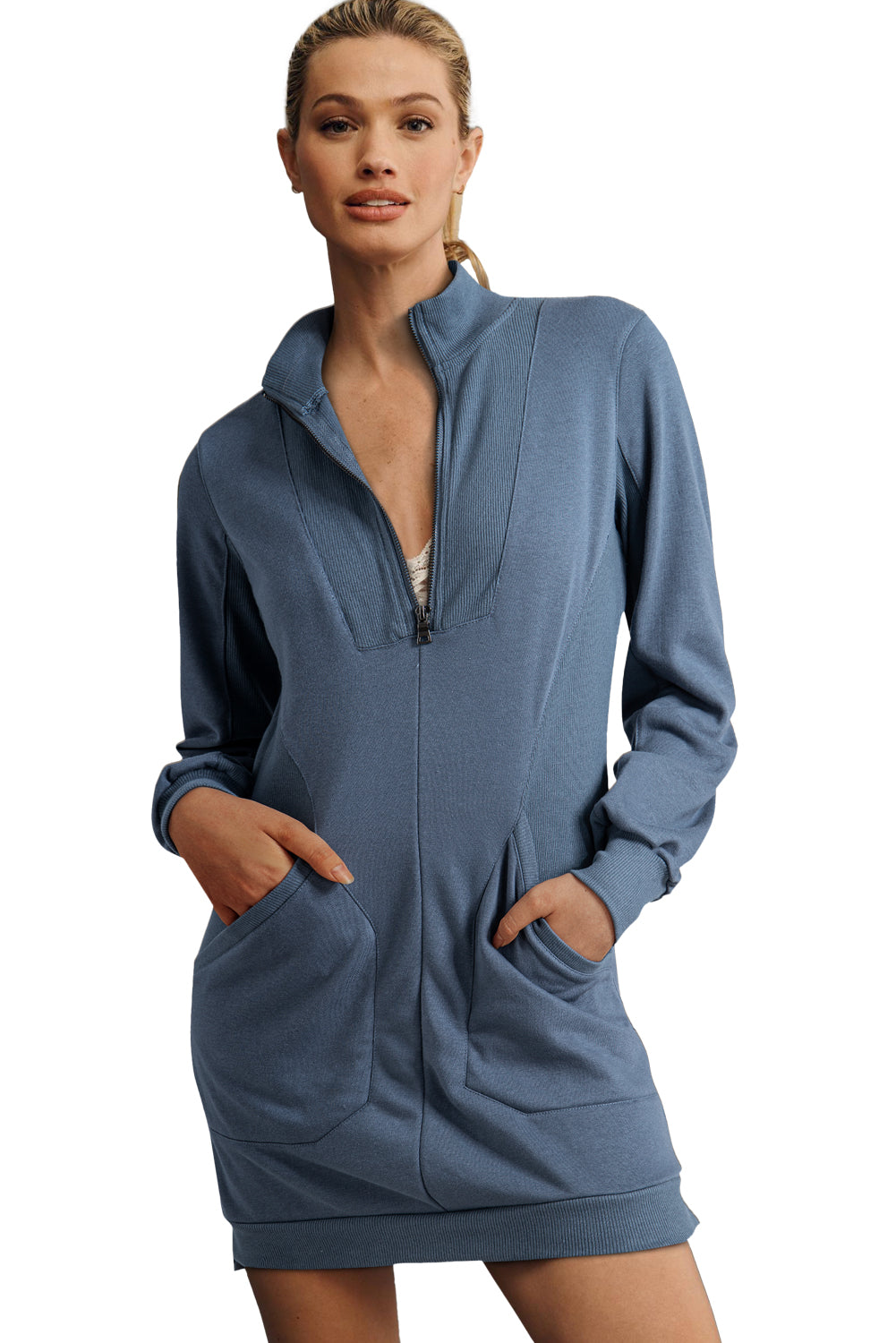 Ivy Zip Up Collared Ribbed Patchwork Sweatshirt Dress With Pockets Dear-Lover Dropshipping