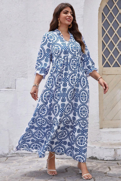 Sky blue geometric lace-up maxi dress with notch neck for plus sizes