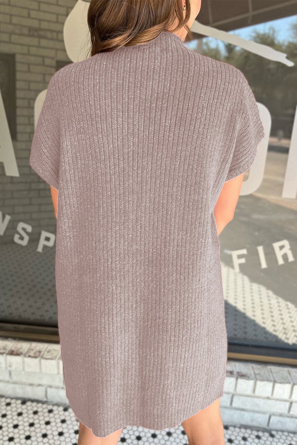 Ribbed Pocketed Mock Neck Short Sleeve Sweater.