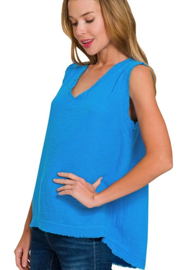 Zenana Double Gauze Raw Edge V-Neck Tank - Love Salve 