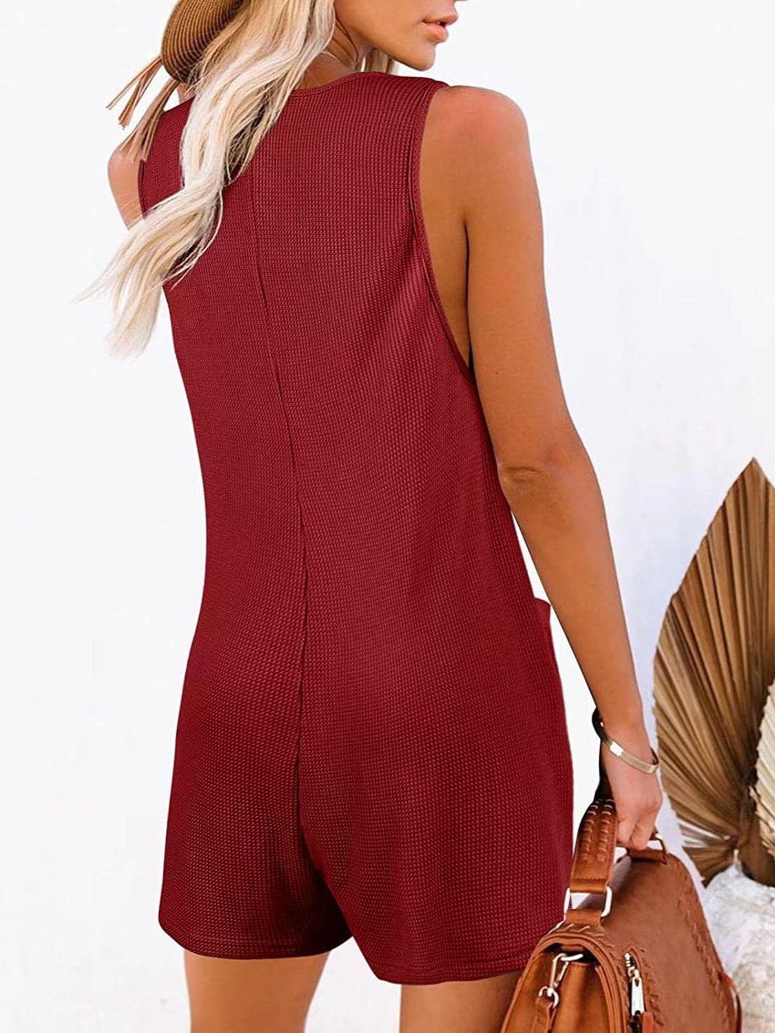 Full Size Pocketed Scoop Neck Sleeveless Romper.