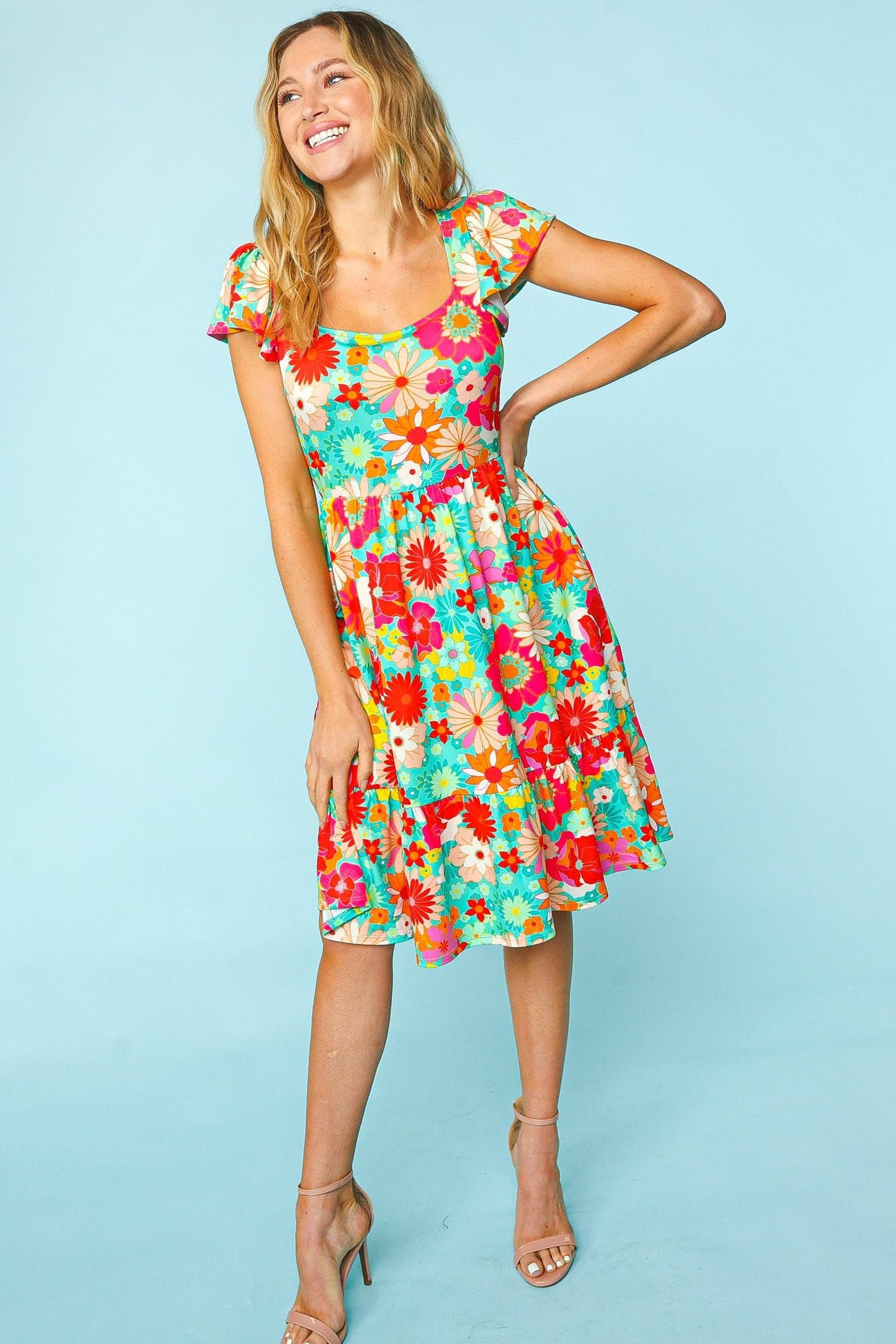 Haptics Floral Square Neck Short Sleeve Dress.