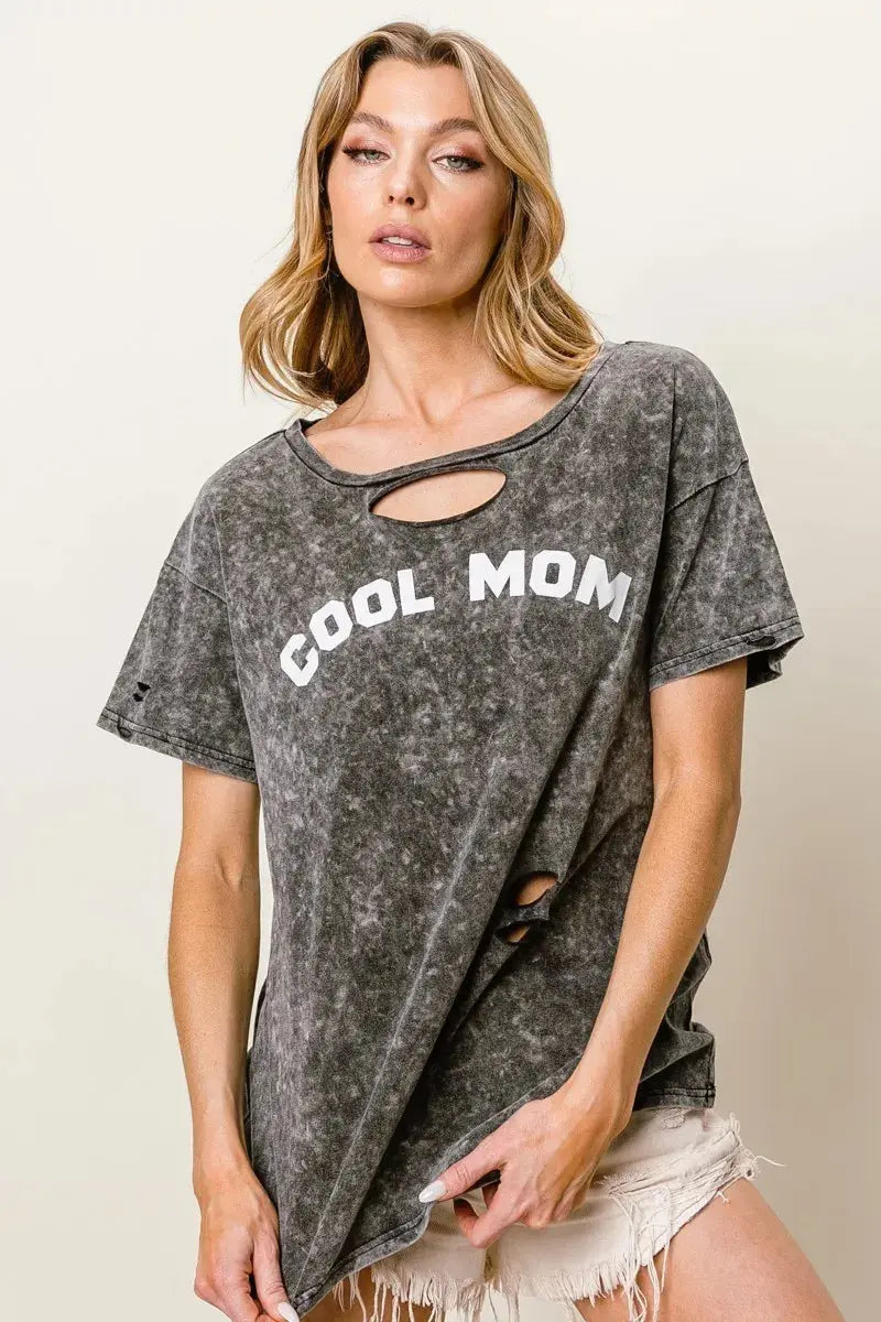 BiBi Washed Laser Cut Detail Cool Mom Print Top - Love Salve 