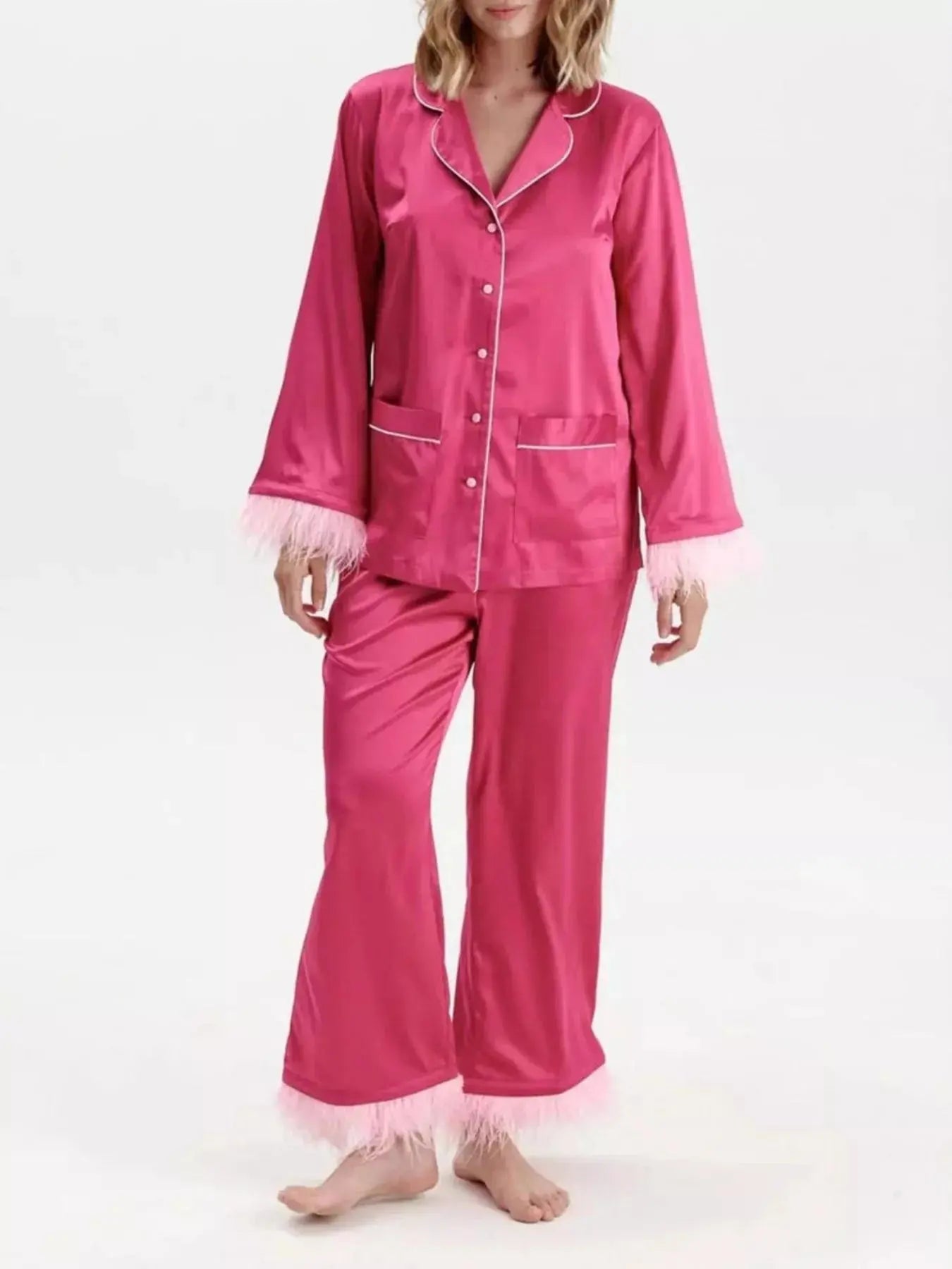 Silky Button Up Top and Pants Lounge Set Simply Love