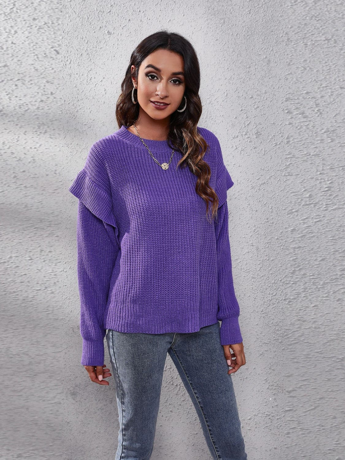 Ruffled Round Neck Dropped Shoulder Sweater.