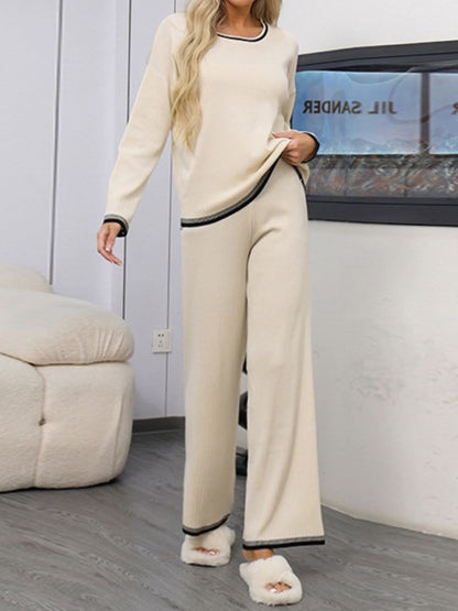 Contrast Trim Cozy Knit Top and Bottom Set