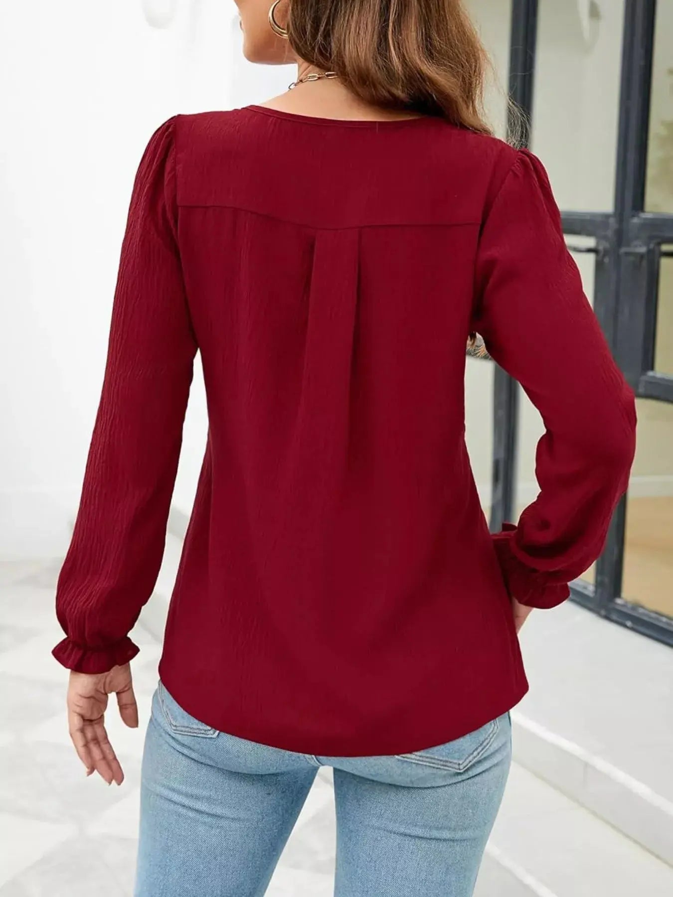 Notched Ruffle Cuff Blouse Simply Love