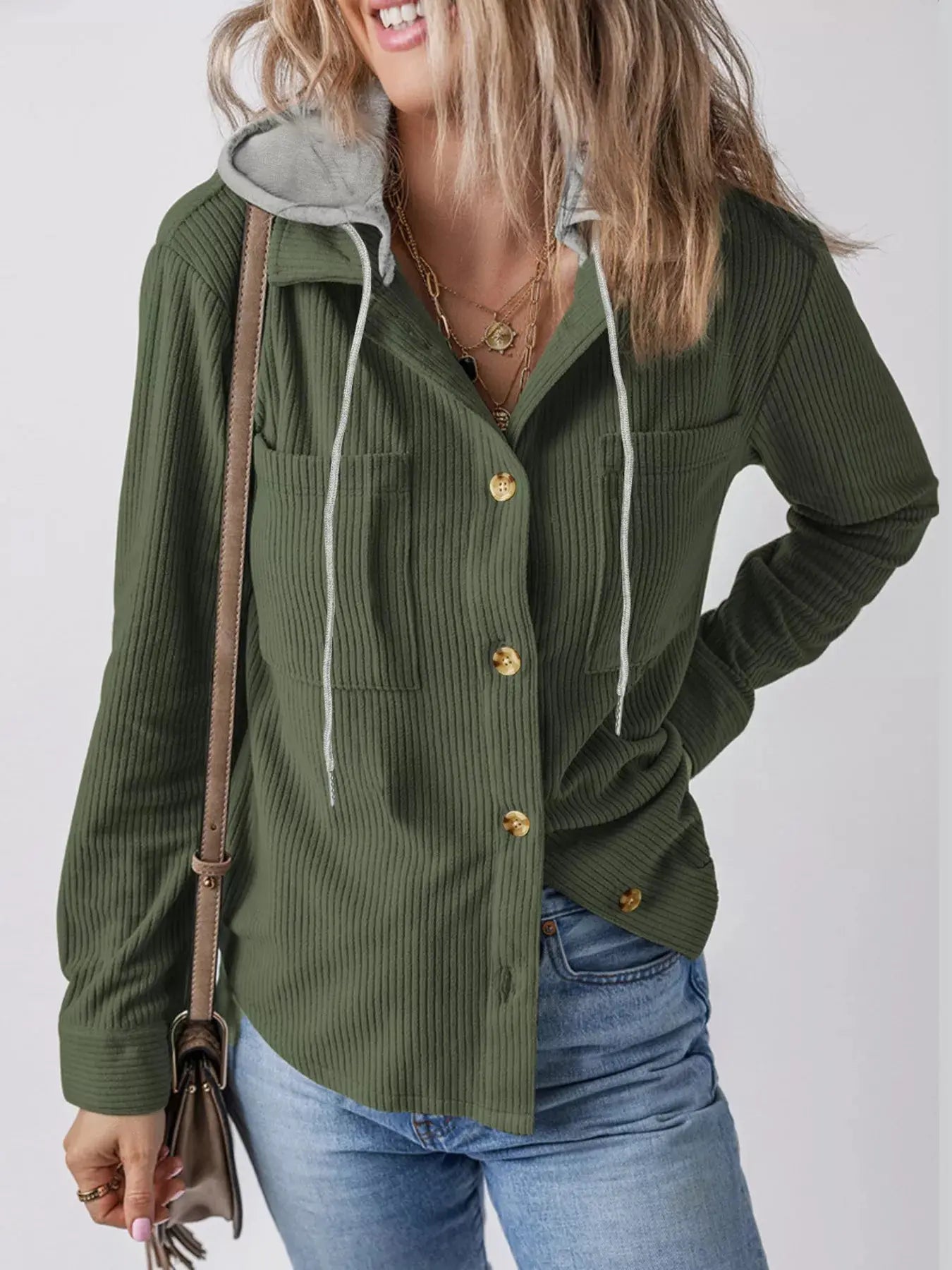 Hooded Corduroy Button-Down Jacket Simply Love