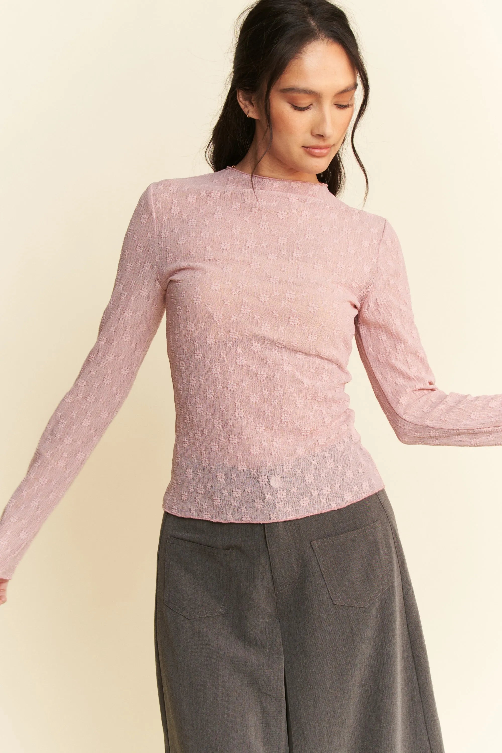 Davi & Dani Long Sleeve Sheer Small Embroidered Bows Lace Top - Love Salve 