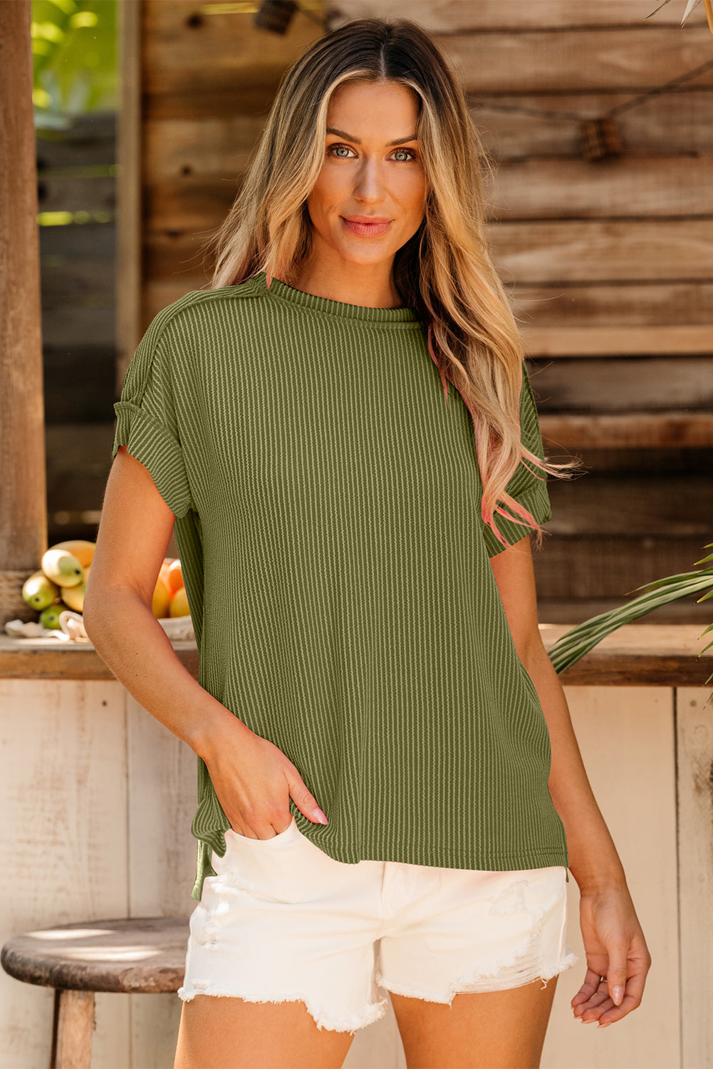 Jungle Green Textured Knit T Shirt with Exposed Stitching - Love Salve 