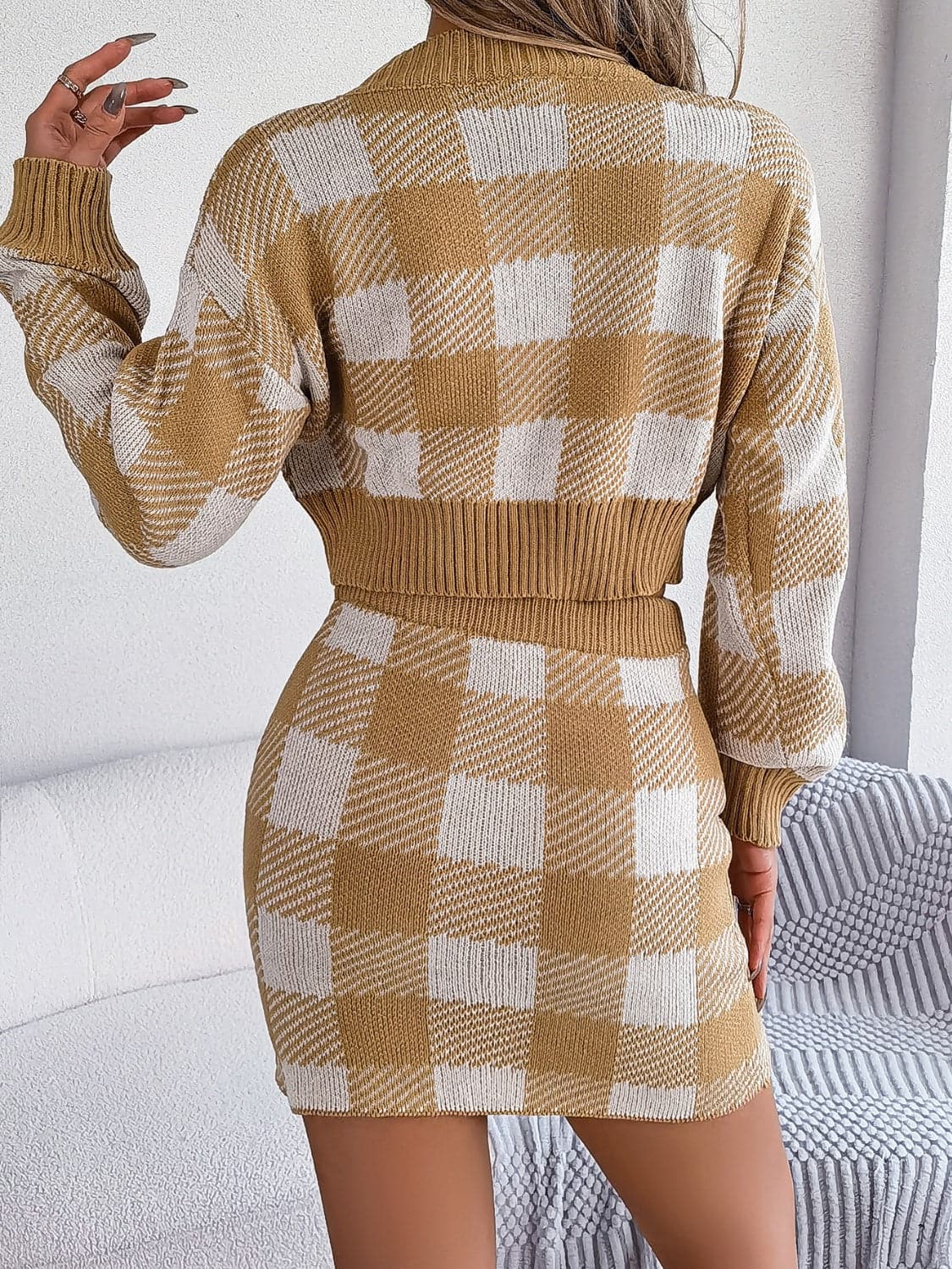 Plaid Round Neck Top and Skirt Sweater Set.