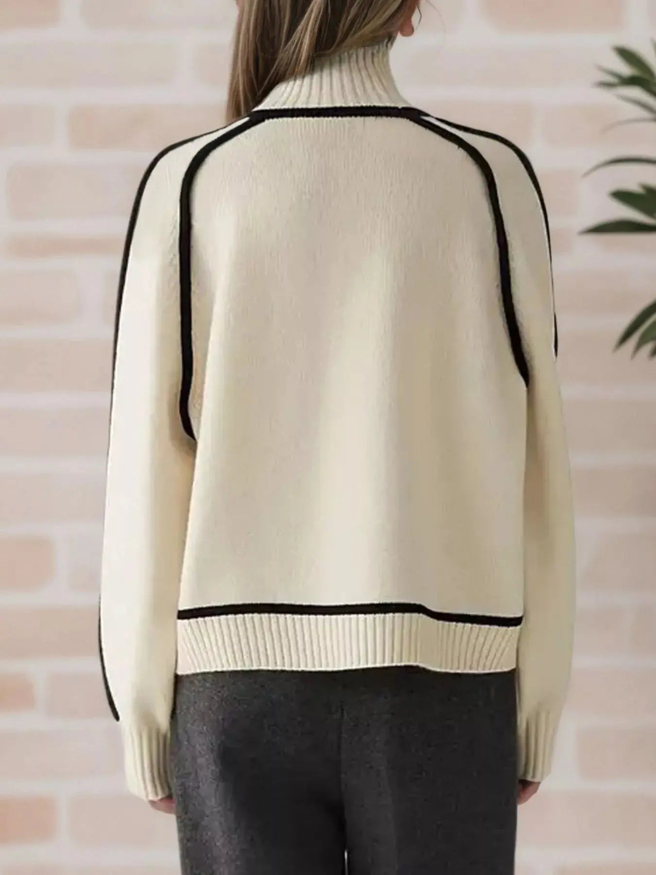 Cream Contrast Trim Turtleneck Sweater With Black Piping Simply Love