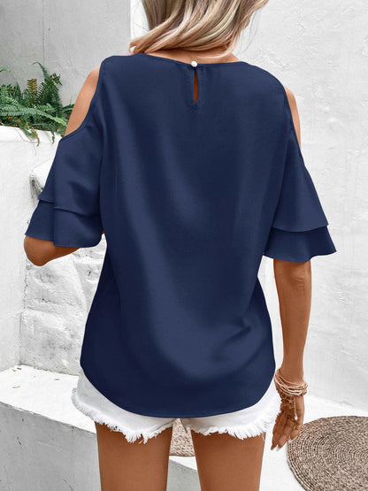 Cold Shoulder Flounce Sleeve Blouse.