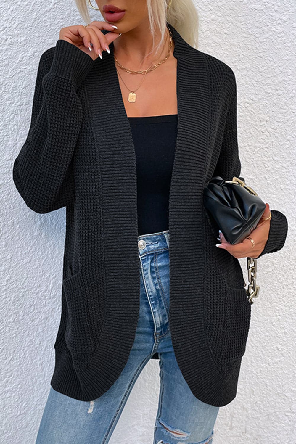 Open Front Rib-Knit Cardigan with Pockets.