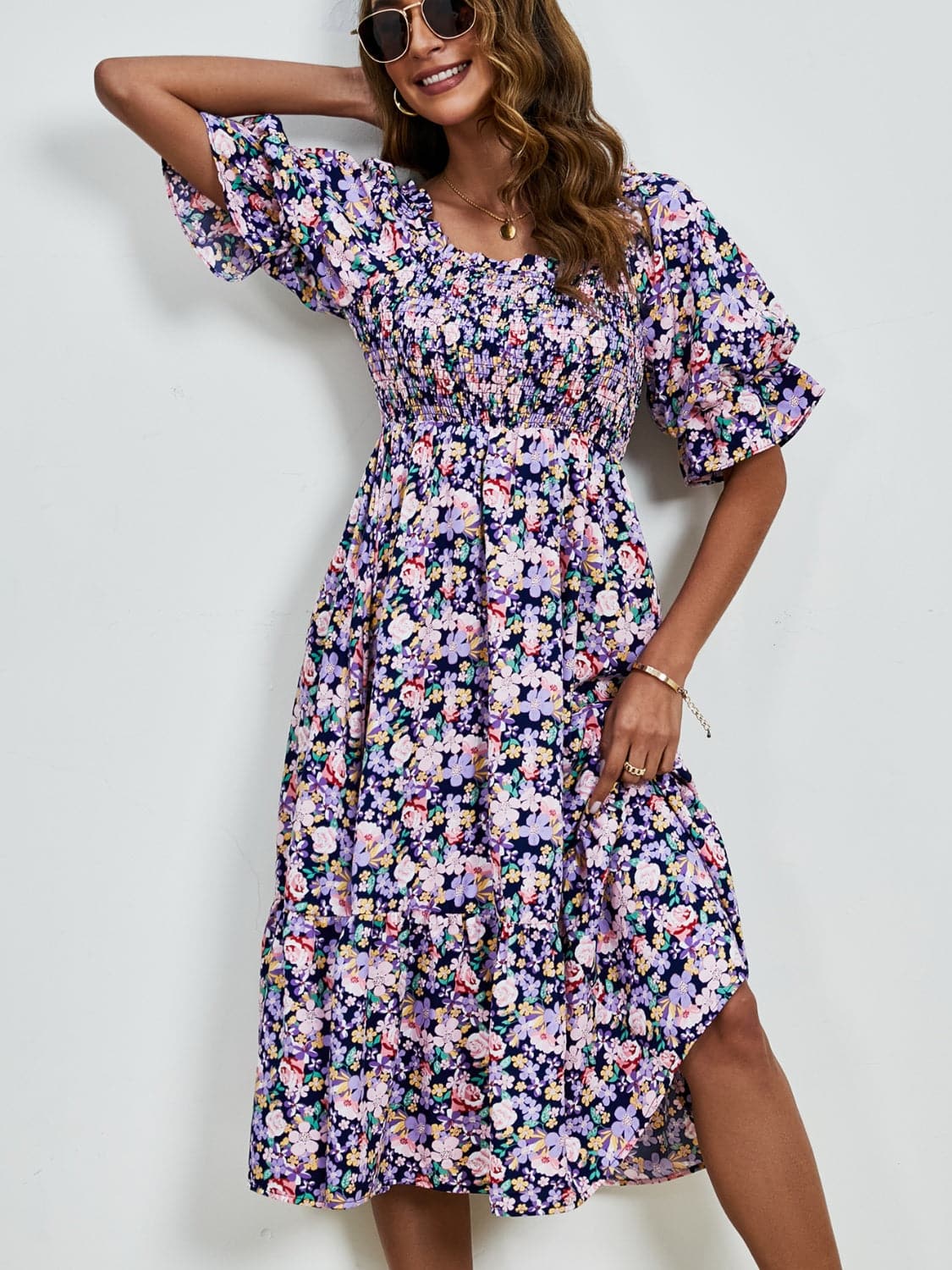 Smocked Floral Square Neck Short Sleeve Dress.