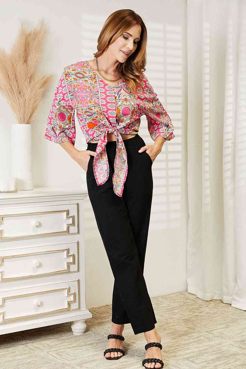 Double Take Tie Hem V-Neck Three-Quarter Sleeve Blouse - Love Salve