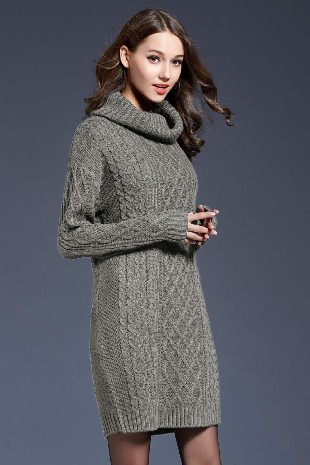 Woven Right Full Size Mixed Knit Cowl Neck Dropped Shoulder Sweater Dress.