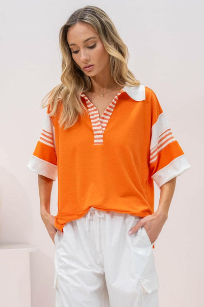 Hailey & Co Full Size Contrast Stripe Polo ShirtUpgrade Your Style with the Hailey &amp; Co Full Size Contrast Stripe Polo Shirt
 Elevate your wardrobe with the Hailey &amp; Co Full Size Contrast Stripe Polo ShirtLove Salve Full Size Contrast Stripe Polo Shirtjust arrived